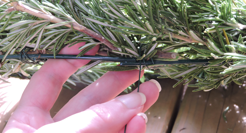 close up of hand wrapping wire around branch stems to frame