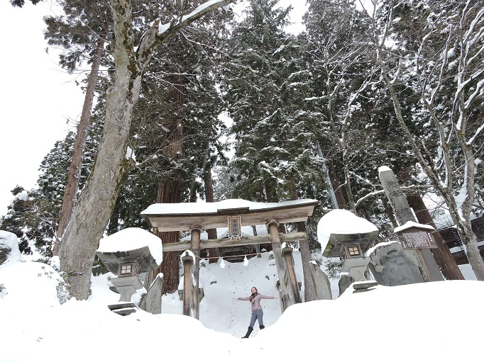 torii gate entrance to shrine covered in snow