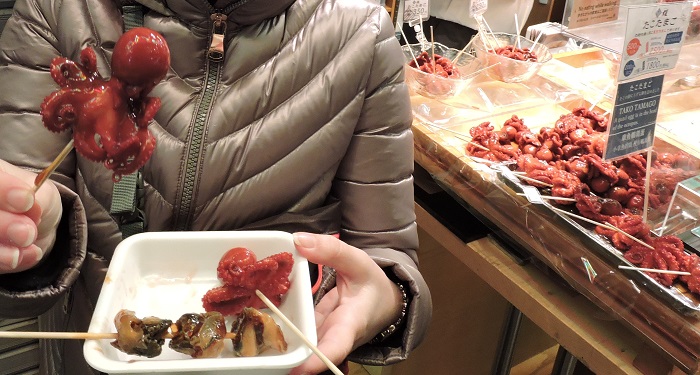 Tako Tamago on a stick at Nishiki market