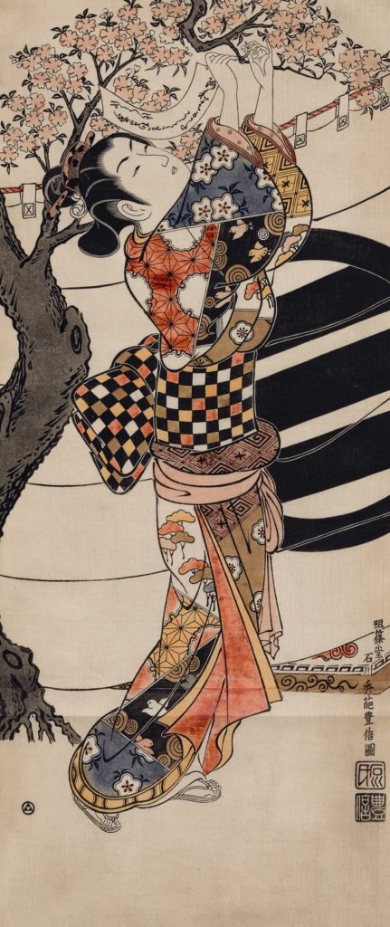 woodcut women in kimono with cherry tree by Ishikawa from 1741