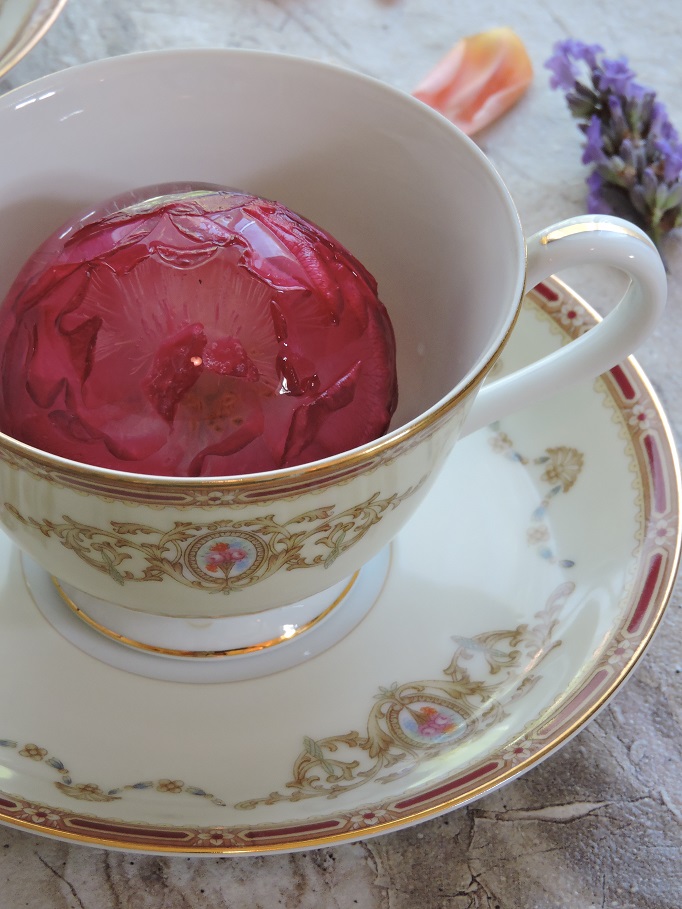 dark pink rose blossom ice sphere-ball sitting in tea cup