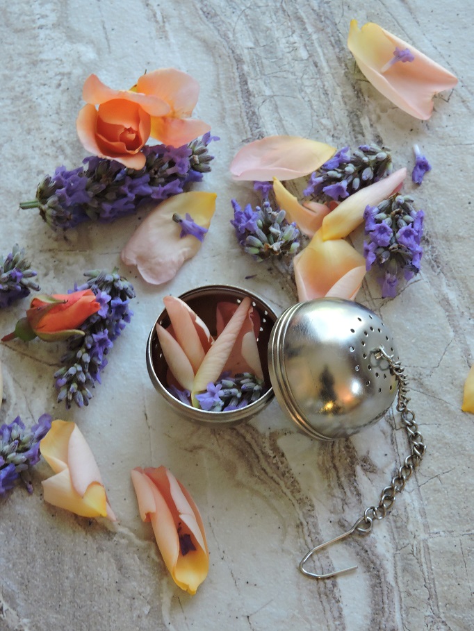 tea ball infuser with rose petals and lavender