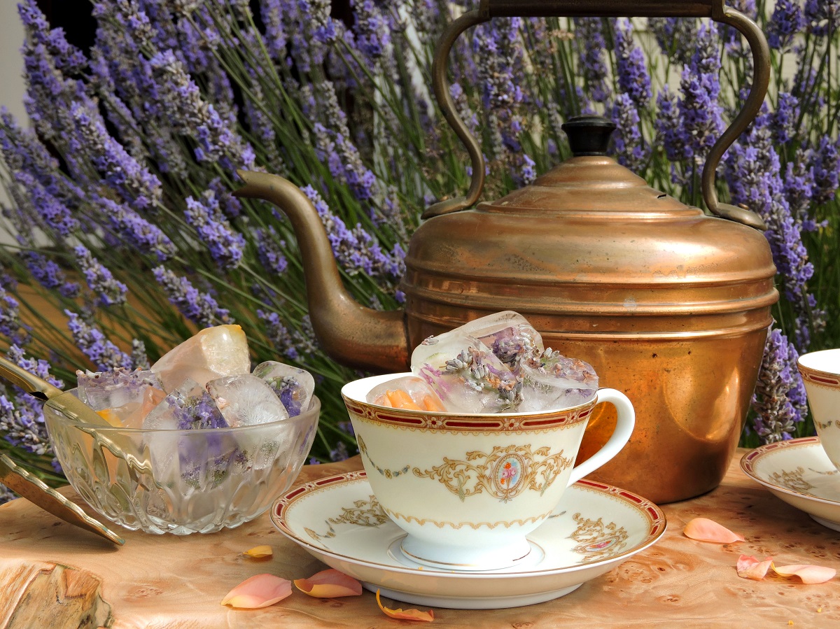 noritake 1802 nippon tea cup lavender rose petal ice cubes in garden