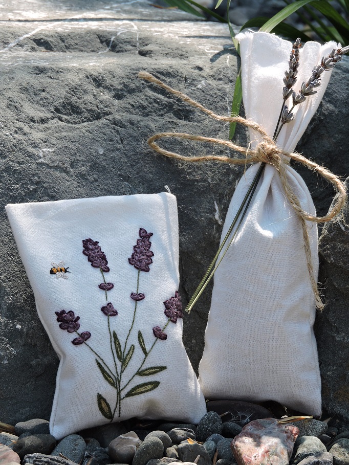 Two Lavender sachets one with embroidery one with twine