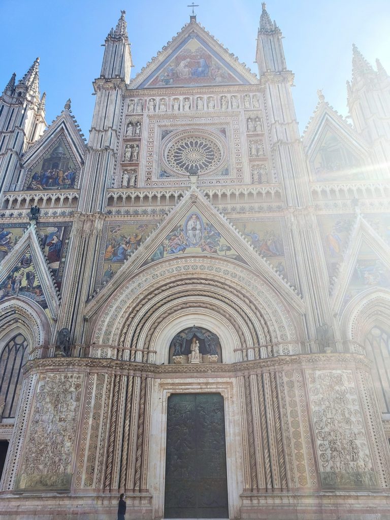 cathedral front with mosiacs and carvings