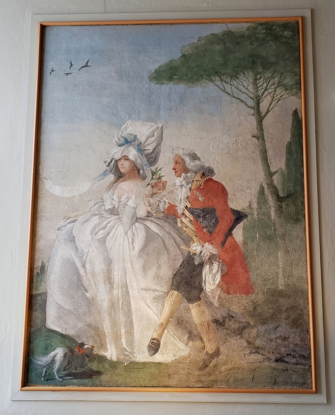 painting of lady and suitor and little dog