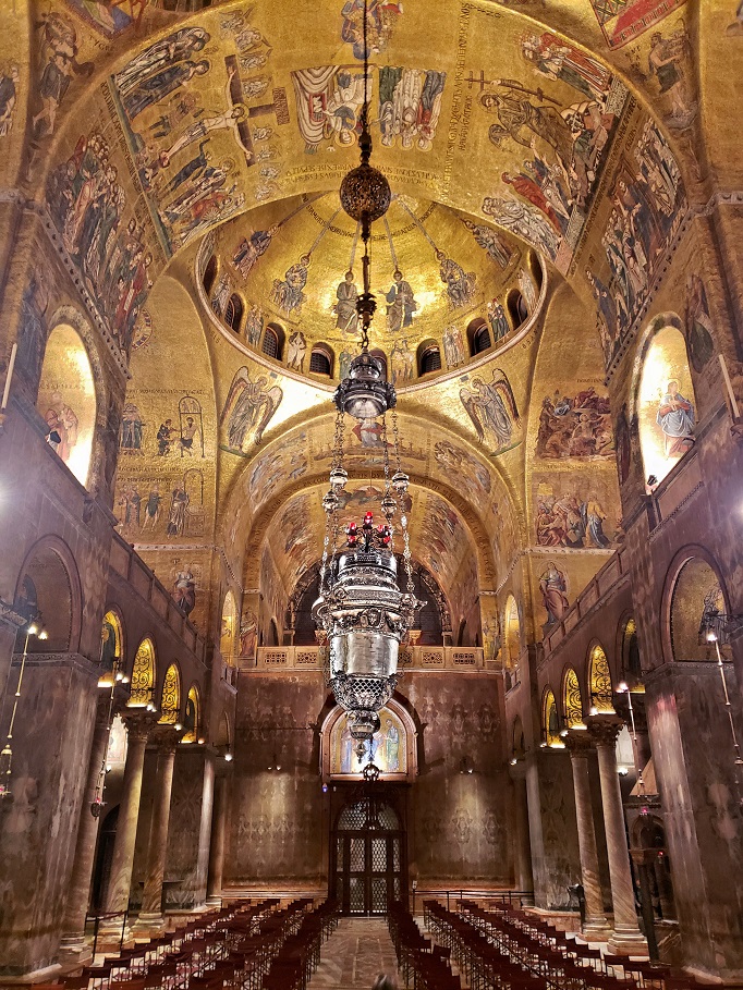 lit interior gold mosaics st marks at night