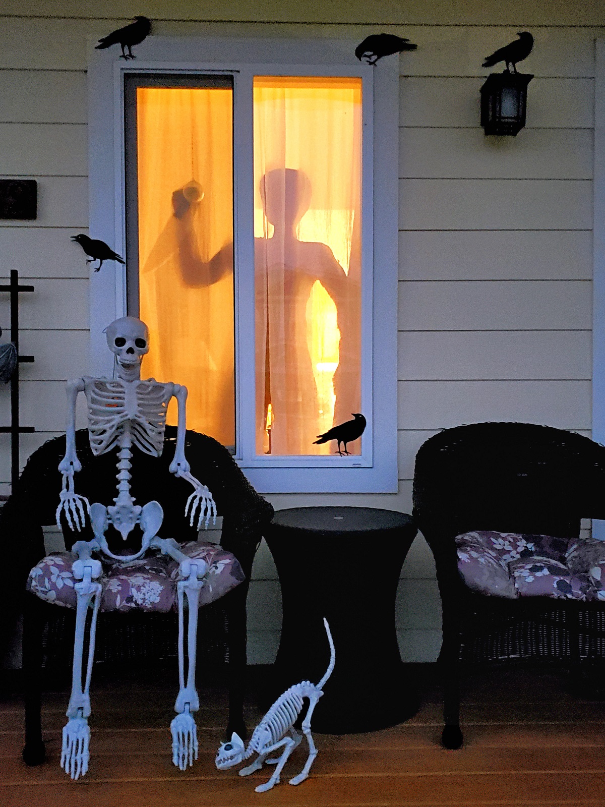 shadow slasher and black hitchcock crows halloween decorations on front porch