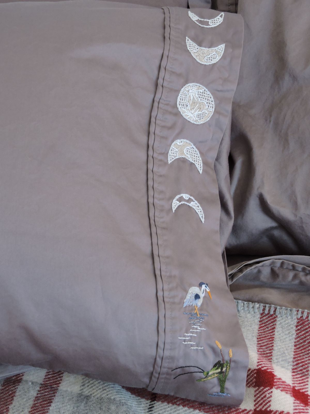 pillow case embroidery with moon phases blue heron and cricket in moonlight