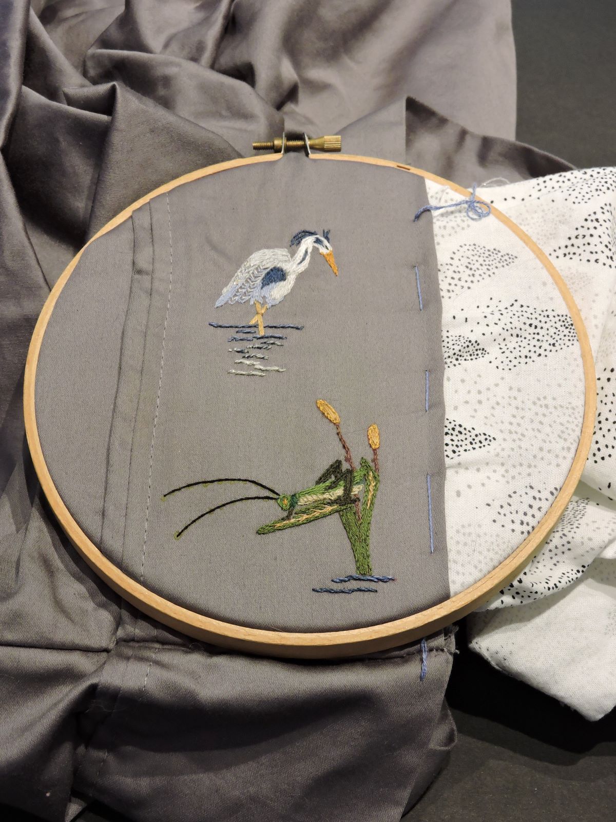 blue heron egret and cricket embroidery