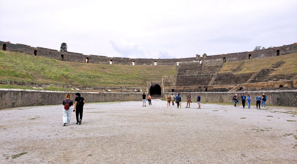 wide angle view from inside Pompeii's amphitheater