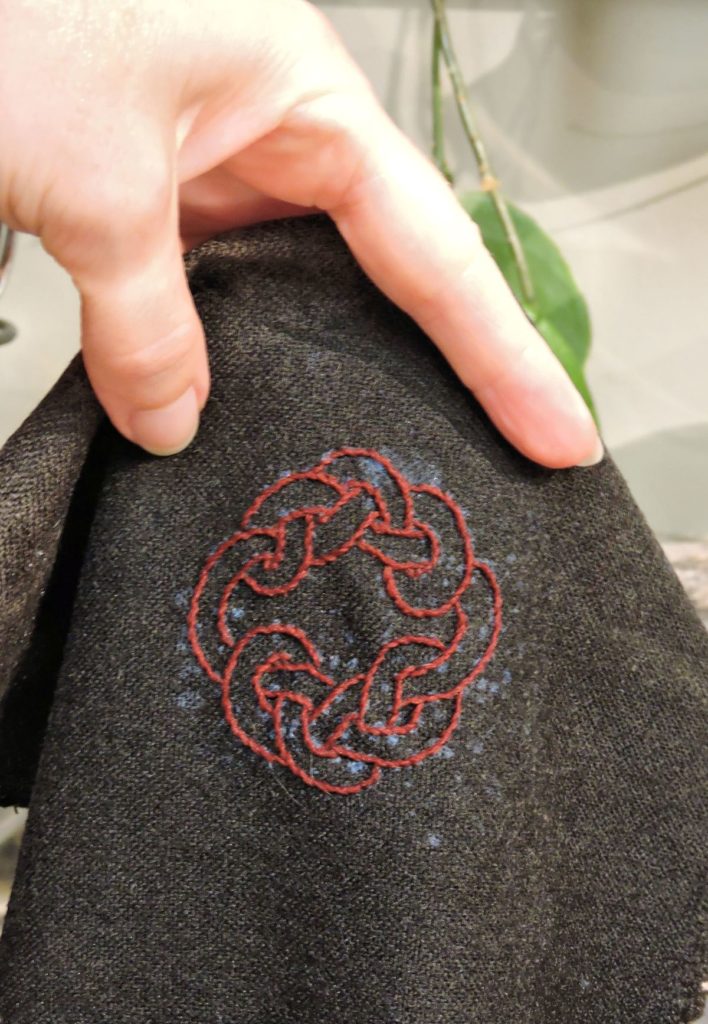 embroidered Celtic knot after washing off stick and stitch