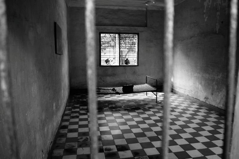 black and white photo of prison