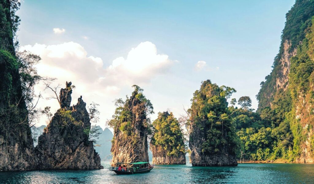 karst formations rising up from lake