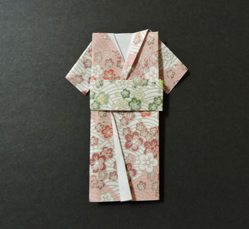 finished pink origami kimono with green paper belt