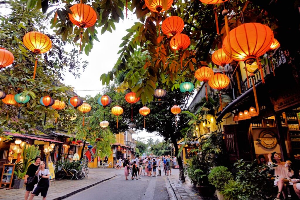 lanterns glowing in the evening