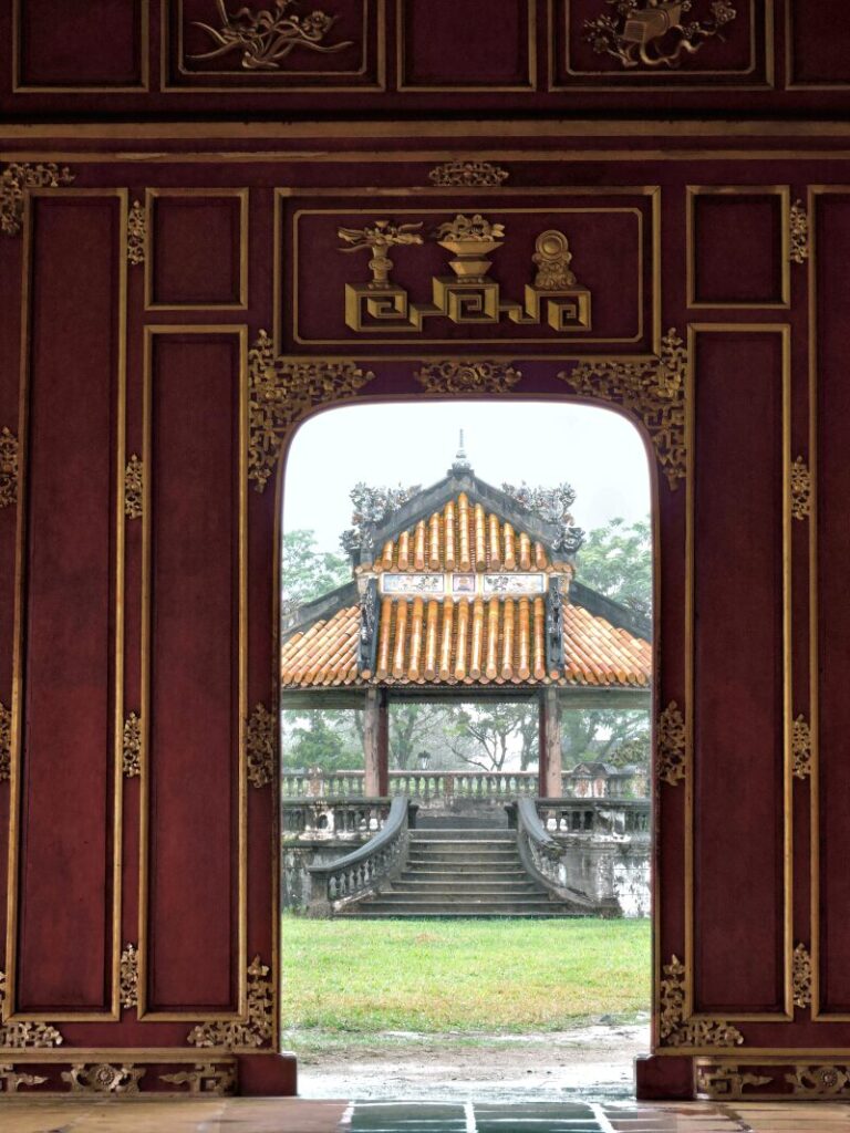 looking out of imperial city red corridor at a pavilion