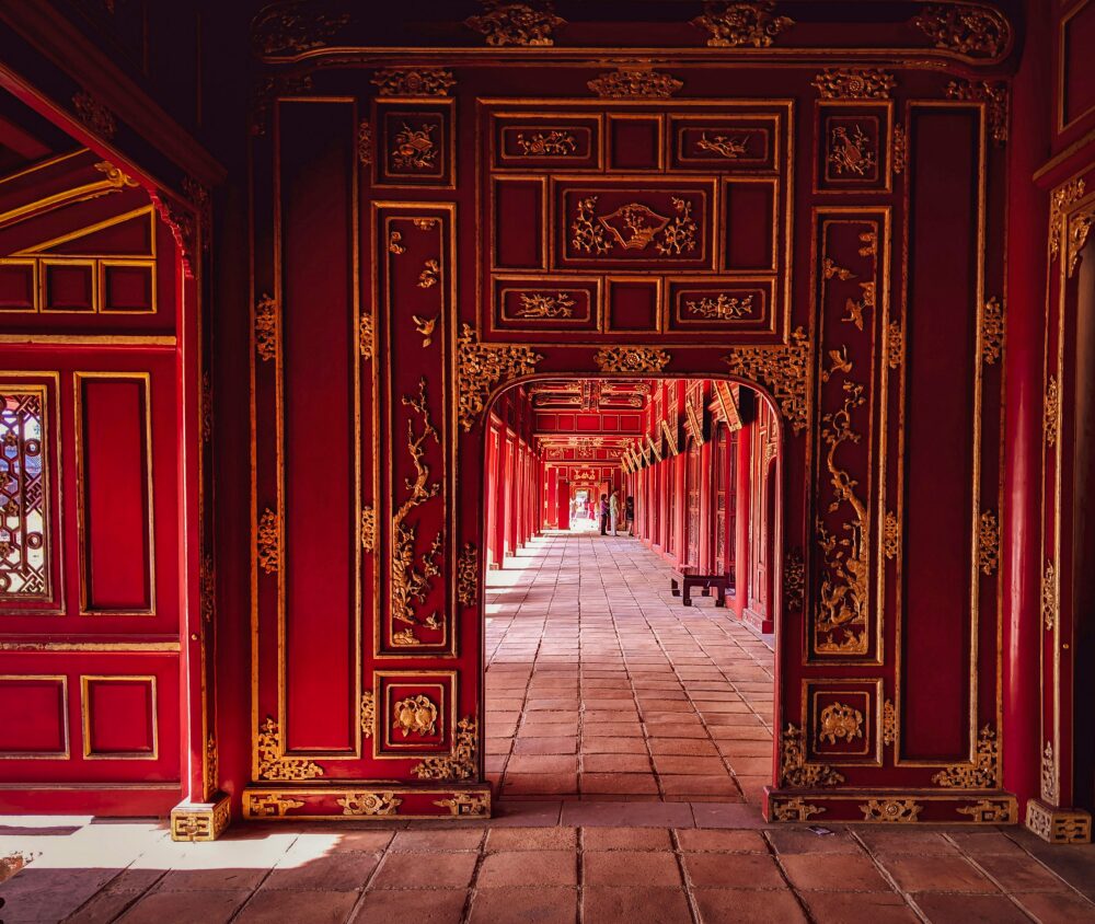 red corridor with panels