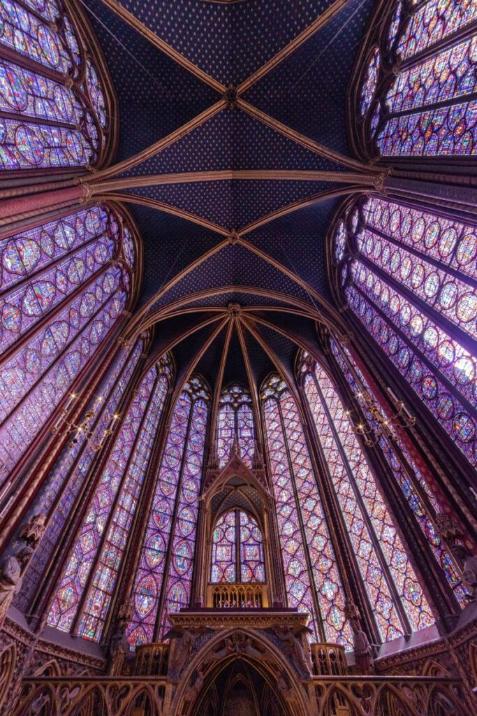 blue gold ceiling and expansive stained glass walls of sainte chapelle