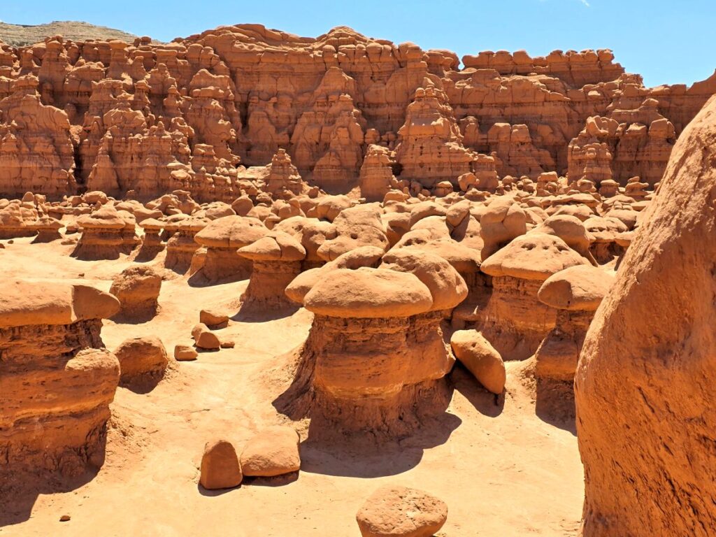 lots and lots of mushroom shaped hoodoos fill the valley