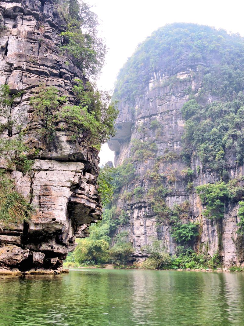 limestone cliffs rising up from the water with lush green foliage